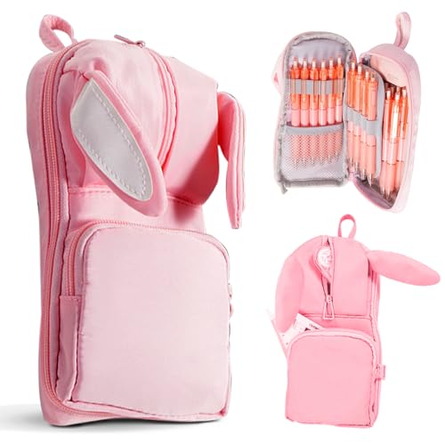 Dravina Polyester Large Capacity Pencil Pouch for Girls & Boys with 3 Zippers & 5 Compartments| Waterproof Aesthetic Cute Bunny Ears Standing Pencil Case for Kids, Multiutility Pouch (Baby Pink) - Image 1