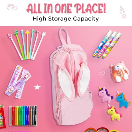 Dravina Polyester Large Capacity Pencil Pouch for Girls & Boys with 3 Zippers & 5 Compartments| Waterproof Aesthetic Cute Bunny Ears Standing Pencil Case for Kids, Multiutility Pouch (Baby Pink) - Image 5