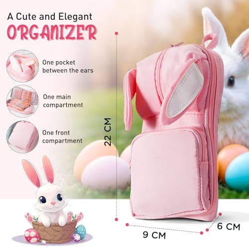 Dravina Polyester Large Capacity Pencil Pouch for Girls & Boys with 3 Zippers & 5 Compartments| Waterproof Aesthetic Cute Bunny Ears Standing Pencil Case for Kids, Multiutility Pouch (Baby Pink) - Image 3