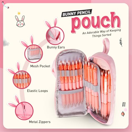 Dravina Polyester Large Capacity Pencil Pouch for Girls & Boys with 3 Zippers & 5 Compartments| Waterproof Aesthetic Cute Bunny Ears Standing Pencil Case for Kids, Multiutility Pouch (Baby Pink) - Image 2