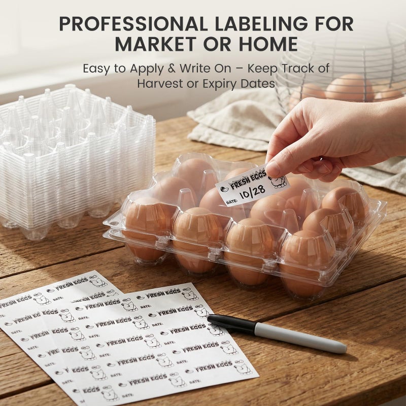 LOVEINUSA 60 Pack 12-Count Clear Plastic Egg Cartons with 60 Date Labels, Reusable PET Dozen Egg Holders for Medium Chicken Eggs, Clamshell Cartons for Farm, Home Fridge & Market Display - Image 5