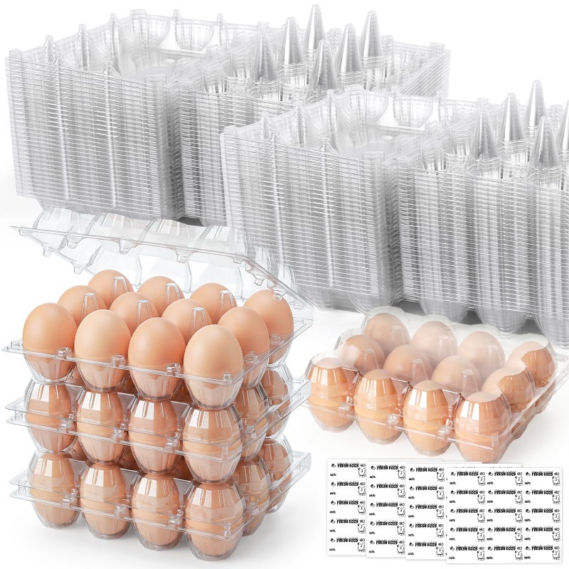 LOVEINUSA 60 Pack 12-Count Clear Plastic Egg Cartons with 60 Date Labels, Reusable PET Dozen Egg Holders for Medium Chicken Eggs, Clamshell Cartons for Farm, Home Fridge & Market Display - Image 1