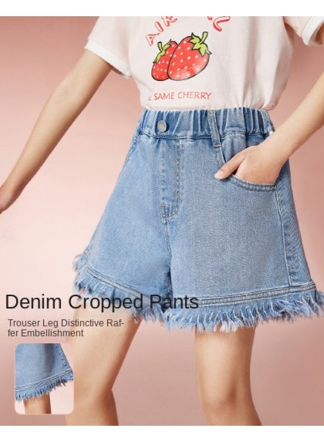 abckids Girl's Pants 2025 Summer New Thin Children's Frayed Hem Fashion Denim Shorts Trendy And Versatile - Image 1