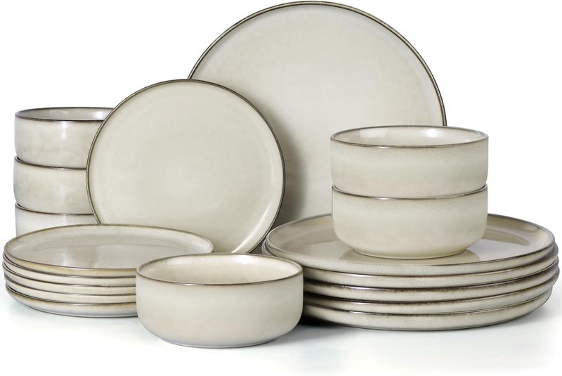 E-far طقم أدوات المائدة إيفار 18 قطعة من الفخار أطباق وأوعية لـ 6 أشخاص بتزجيج تفاعلي آمن للاستخدام في الميكروويف وغسالة الصحون بلون بيج رملي - Image 1