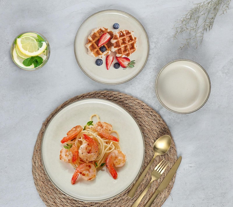 E-far طقم أدوات المائدة إيفار 18 قطعة من الفخار أطباق وأوعية لـ 6 أشخاص بتزجيج تفاعلي آمن للاستخدام في الميكروويف وغسالة الصحون بلون بيج رملي - Image 5