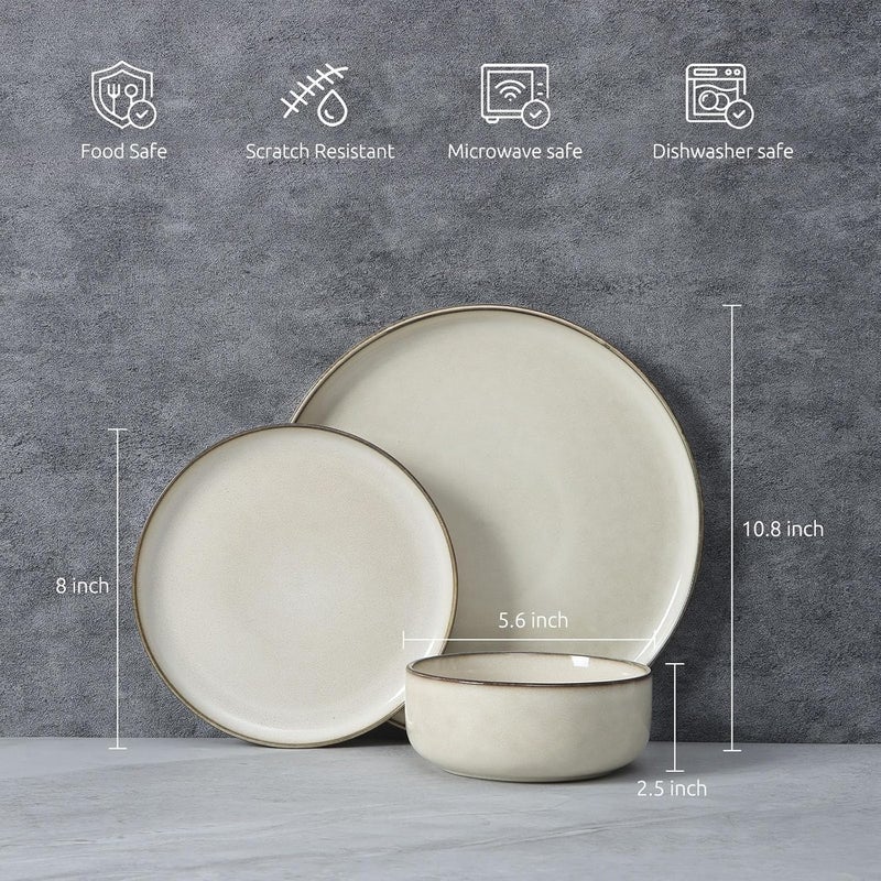 E-far طقم أدوات المائدة إيفار 18 قطعة من الفخار أطباق وأوعية لـ 6 أشخاص بتزجيج تفاعلي آمن للاستخدام في الميكروويف وغسالة الصحون بلون بيج رملي - Image 2