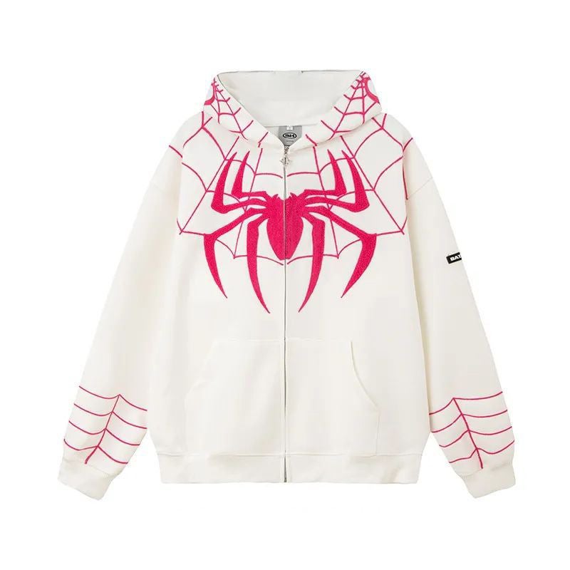 Couples Small Devil Horn Hooded Loose Sweatshirt Coat Autumn and Winter Niche Design Spider Ins Trendy Top White [regular style] 