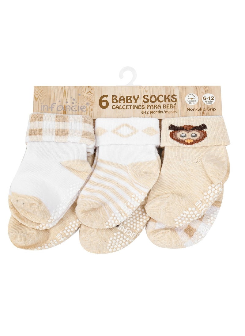 infancie 6-Pack Non-Slip Grip Baby Cotton Socks (0-6 Months) Beige/White  - Image 1