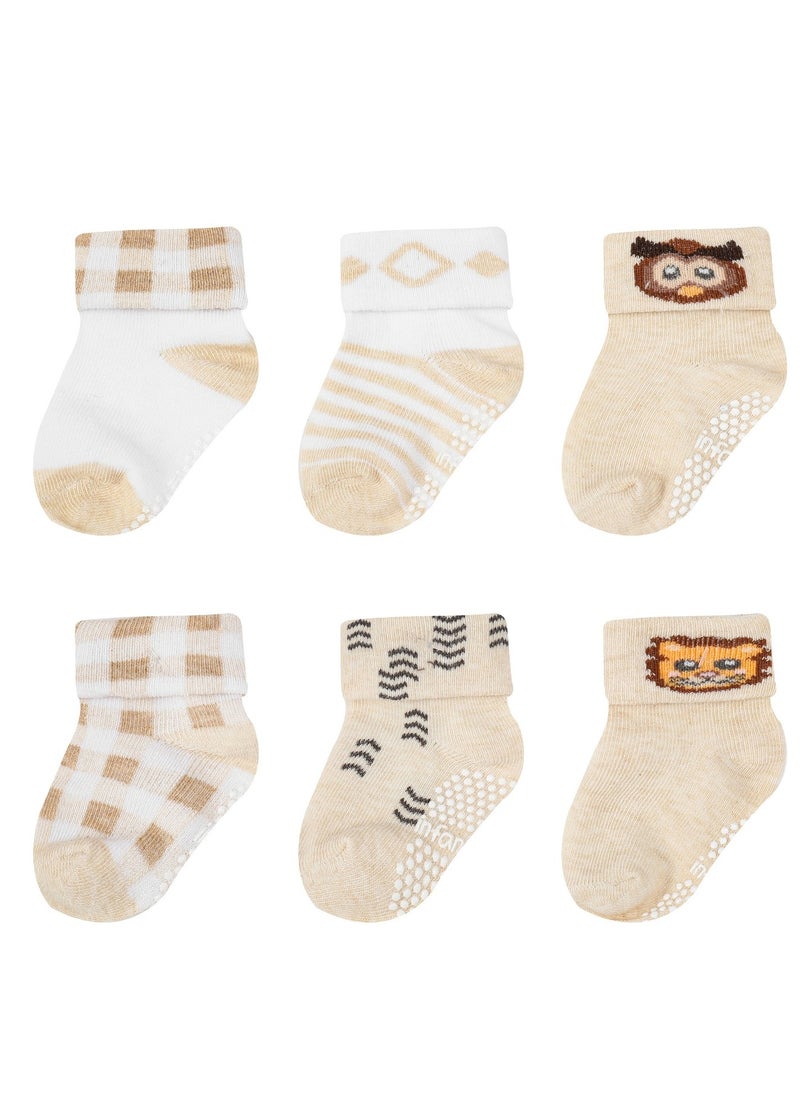 infancie 6-Pack Non-Slip Grip Baby Cotton Socks (0-6 Months) Beige/White  - Image 3