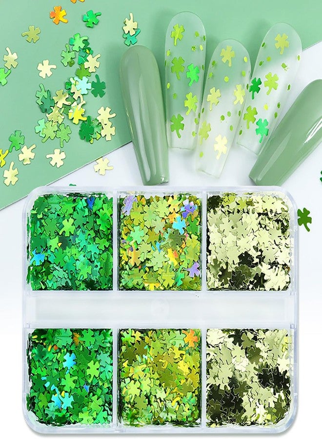 KRTBKR 6 Grids St. Patrick's Day Nail Art Glitters 3D Holographic Green Shamrock Nail Art Stickers Irish Nail Sequins Sparkle Confetti Flakes Clover Nail Design for Women DIY St Patricks Day Nail Decorations - Image 4
