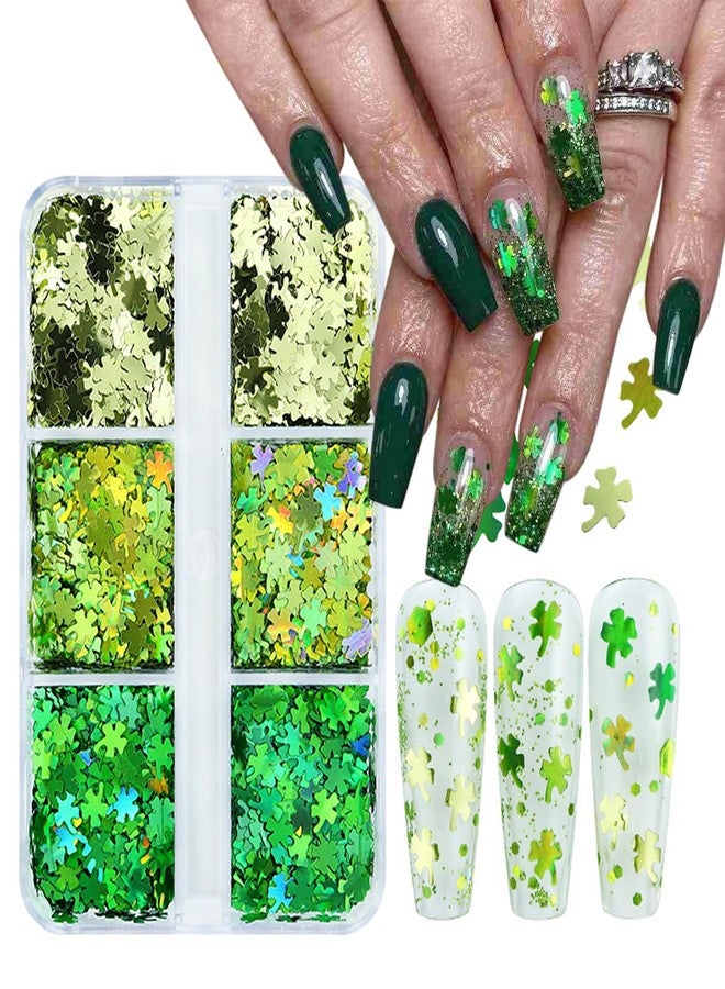 KRTBKR 6 Grids St. Patrick's Day Nail Art Glitters 3D Holographic Green Shamrock Nail Art Stickers Irish Nail Sequins Sparkle Confetti Flakes Clover Nail Design for Women DIY St Patricks Day Nail Decorations - Image 1