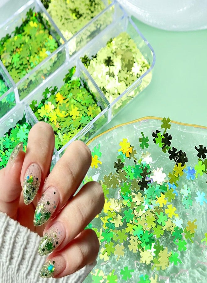 KRTBKR 6 Grids St. Patrick's Day Nail Art Glitters 3D Holographic Green Shamrock Nail Art Stickers Irish Nail Sequins Sparkle Confetti Flakes Clover Nail Design for Women DIY St Patricks Day Nail Decorations - Image 3
