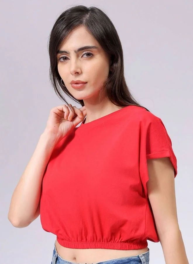 Freehand Women Regular Fit Solid Crew Neck Three-Quarter Sleeve Crop Top