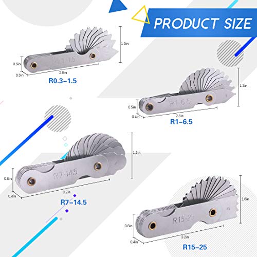 Glarks 4 Pack R0315 R165 R7145 R1525 Radius Gauge Set Stainless Steel Radius Fillet Gage Portable Concave Convex Measuring Tool for Tool and Die Makers Check - Image 3