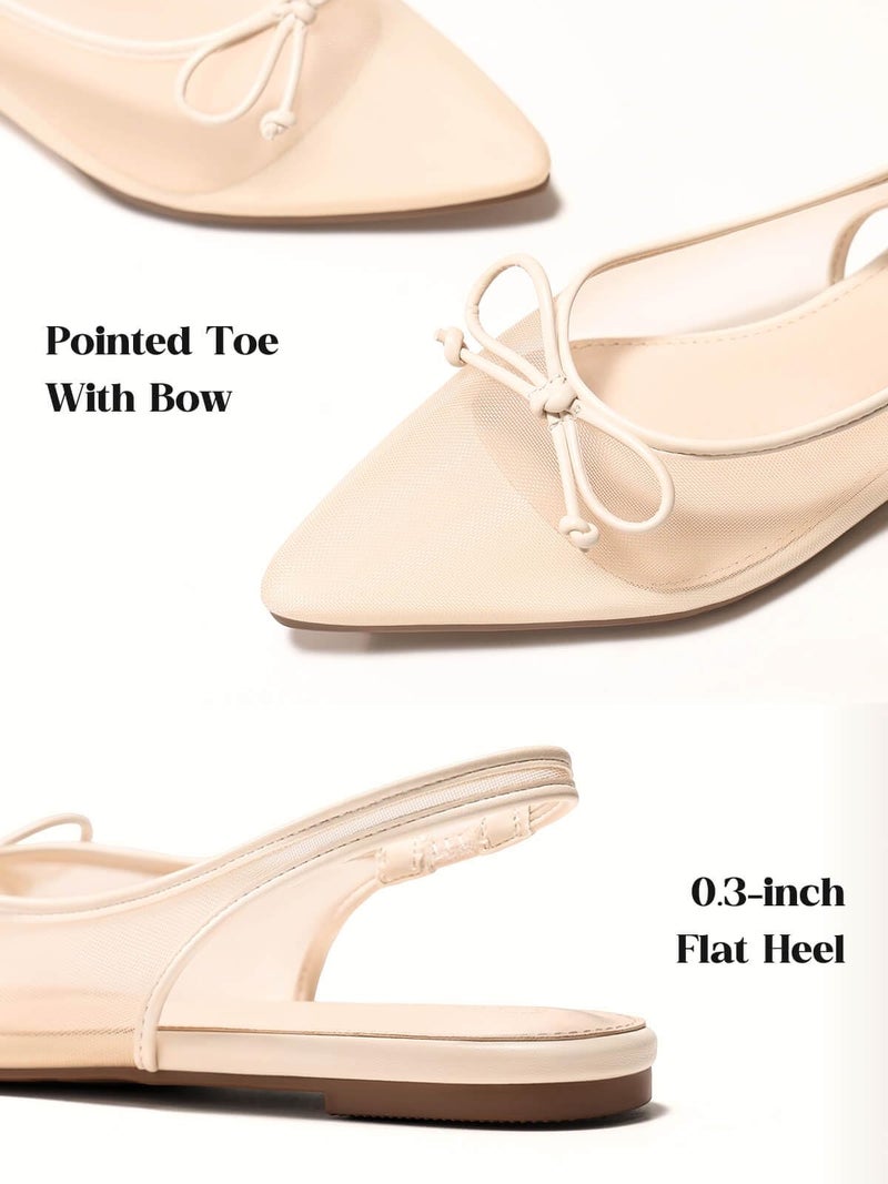 Coutgo Womens Slingback Flats Bow Closed Pointed Toe Mesh Ballet Flats Low Heel Sandals Dress Shoes, Khaki, Size 8 - Image 4