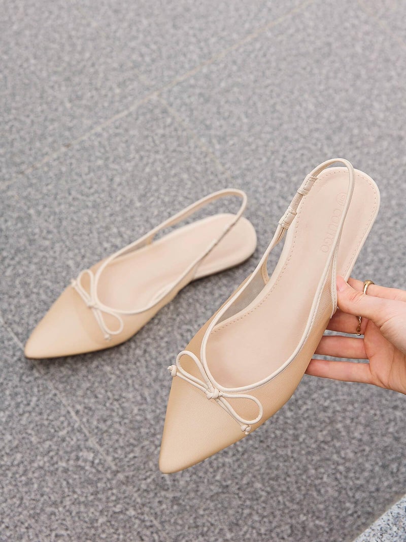 Coutgo Womens Slingback Flats Bow Closed Pointed Toe Mesh Ballet Flats Low Heel Sandals Dress Shoes, Khaki, Size 8 - Image 2
