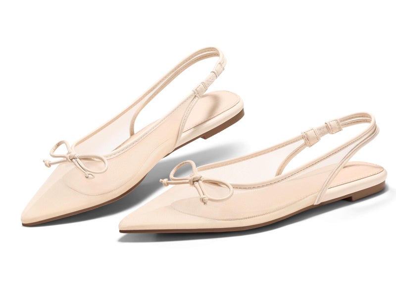 Coutgo Womens Slingback Flats Bow Closed Pointed Toe Mesh Ballet Flats Low Heel Sandals Dress Shoes, Khaki, Size 8 - Image 1