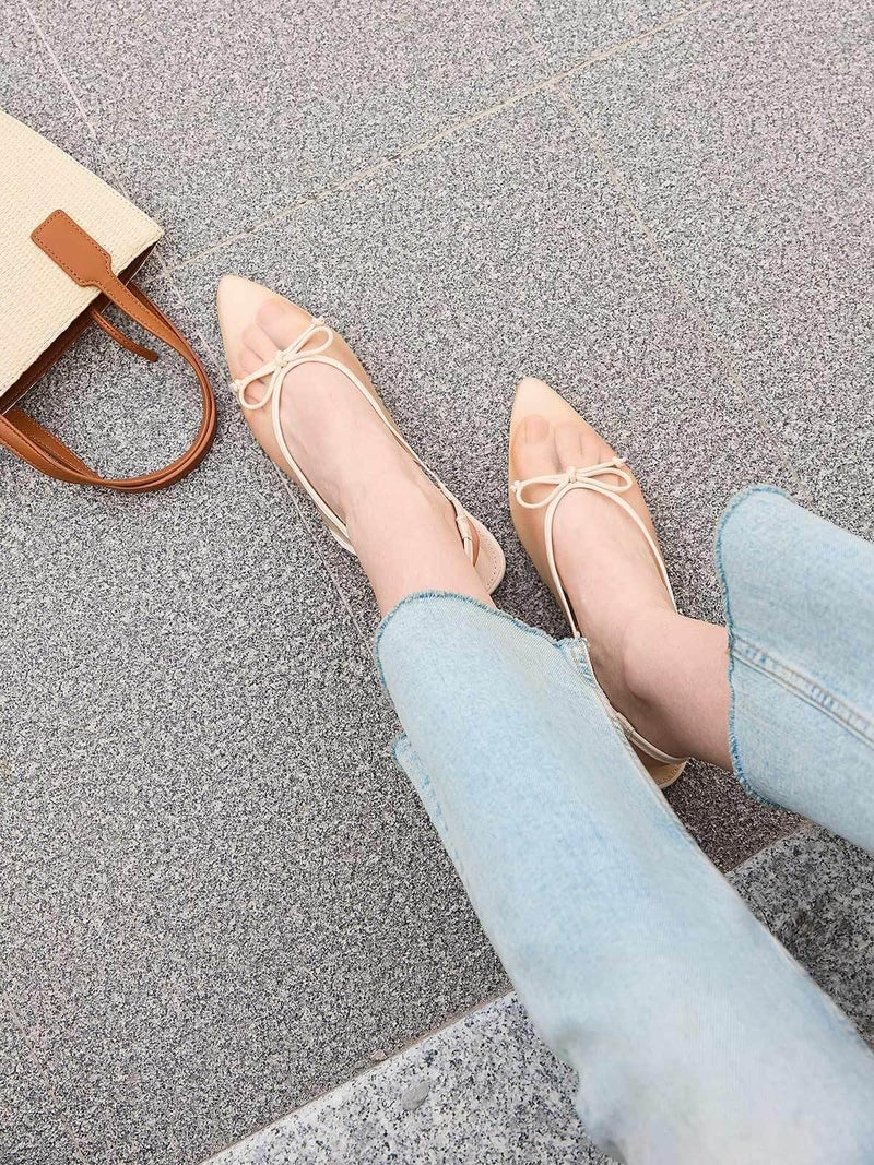 Coutgo Womens Slingback Flats Bow Closed Pointed Toe Mesh Ballet Flats Low Heel Sandals Dress Shoes, Khaki, Size 8 - Image 3