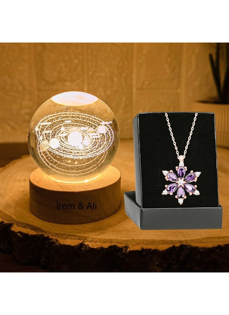Hediyesahibi Large Lighted Wooden Base Planets Themed Glass Globe 8cm and Lotus Camellia Flower Necklace  - Image 1