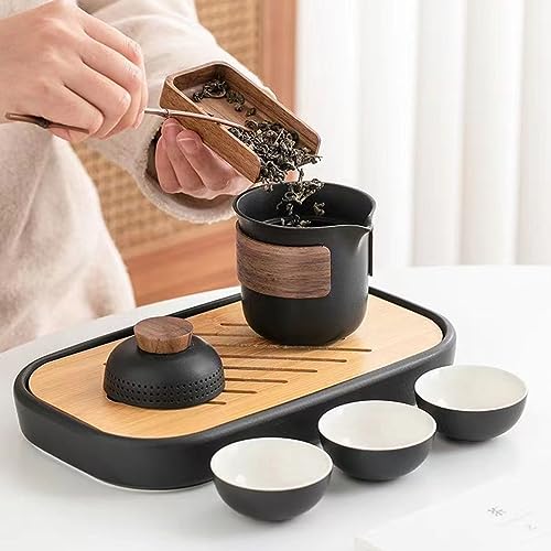 Dltsli Mini Travel Ceramic Tea Pot Set Chinese Kung Fu Teapot, 1 Pot 3 Cups Porcelain Teacups with Tea Infuser Portable Bag for Home Office Outdoor Picnic Black - Image 3
