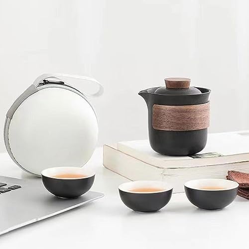 Dltsli Mini Travel Ceramic Tea Pot Set Chinese Kung Fu Teapot, 1 Pot 3 Cups Porcelain Teacups with Tea Infuser Portable Bag for Home Office Outdoor Picnic Black - Image 1
