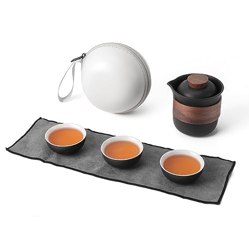 Dltsli Mini Travel Ceramic Tea Pot Set Chinese Kung Fu Teapot, 1 Pot 3 Cups Porcelain Teacups with Tea Infuser Portable Bag for Home Office Outdoor Picnic Black - Image 2