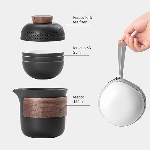 Dltsli Mini Travel Ceramic Tea Pot Set Chinese Kung Fu Teapot, 1 Pot 3 Cups Porcelain Teacups with Tea Infuser Portable Bag for Home Office Outdoor Picnic Black - Image 4