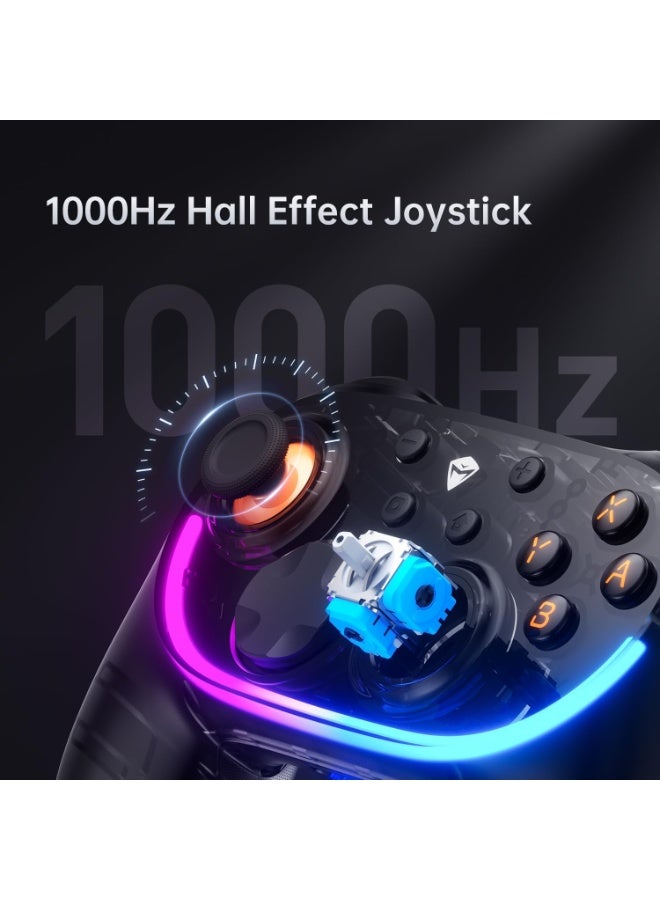 ماكينيك وحدة تحكم لاسلكية Machenike S3 مزودة بعصا تحكم بتقنية Hall Effect، مع إضاءة RGB بتصميم "البرق الأسود"، تدعم التشغيل والإيقاف التلقائي، و5 مستويات للاهتزاز، وتعمل مع أجهزة الكمبيوتر (PC) وNintendo Switch وiOS وAndroid TV، وتأتي مع قاعدة شحن. - Image 4