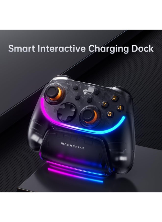 ماكينيك وحدة تحكم لاسلكية Machenike S3 مزودة بعصا تحكم بتقنية Hall Effect، مع إضاءة RGB بتصميم "البرق الأسود"، تدعم التشغيل والإيقاف التلقائي، و5 مستويات للاهتزاز، وتعمل مع أجهزة الكمبيوتر (PC) وNintendo Switch وiOS وAndroid TV، وتأتي مع قاعدة شحن. - Image 2