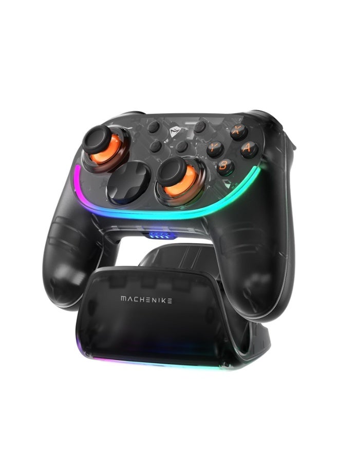 ماكينيك وحدة تحكم لاسلكية Machenike S3 مزودة بعصا تحكم بتقنية Hall Effect، مع إضاءة RGB بتصميم "البرق الأسود"، تدعم التشغيل والإيقاف التلقائي، و5 مستويات للاهتزاز، وتعمل مع أجهزة الكمبيوتر (PC) وNintendo Switch وiOS وAndroid TV، وتأتي مع قاعدة شحن. - Image 1