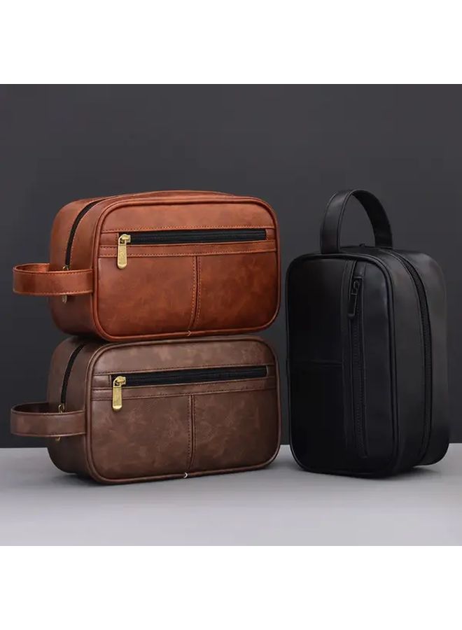 Retro High-end Leather Brown Thickened Travel Portable Men's Skincare Organizer Storage Bag - Image 1