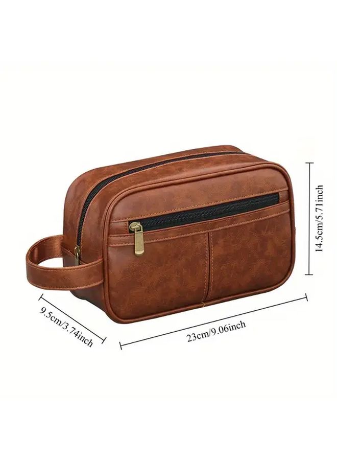 Retro High-end Leather Brown Thickened Travel Portable Men's Skincare Organizer Storage Bag - Image 3