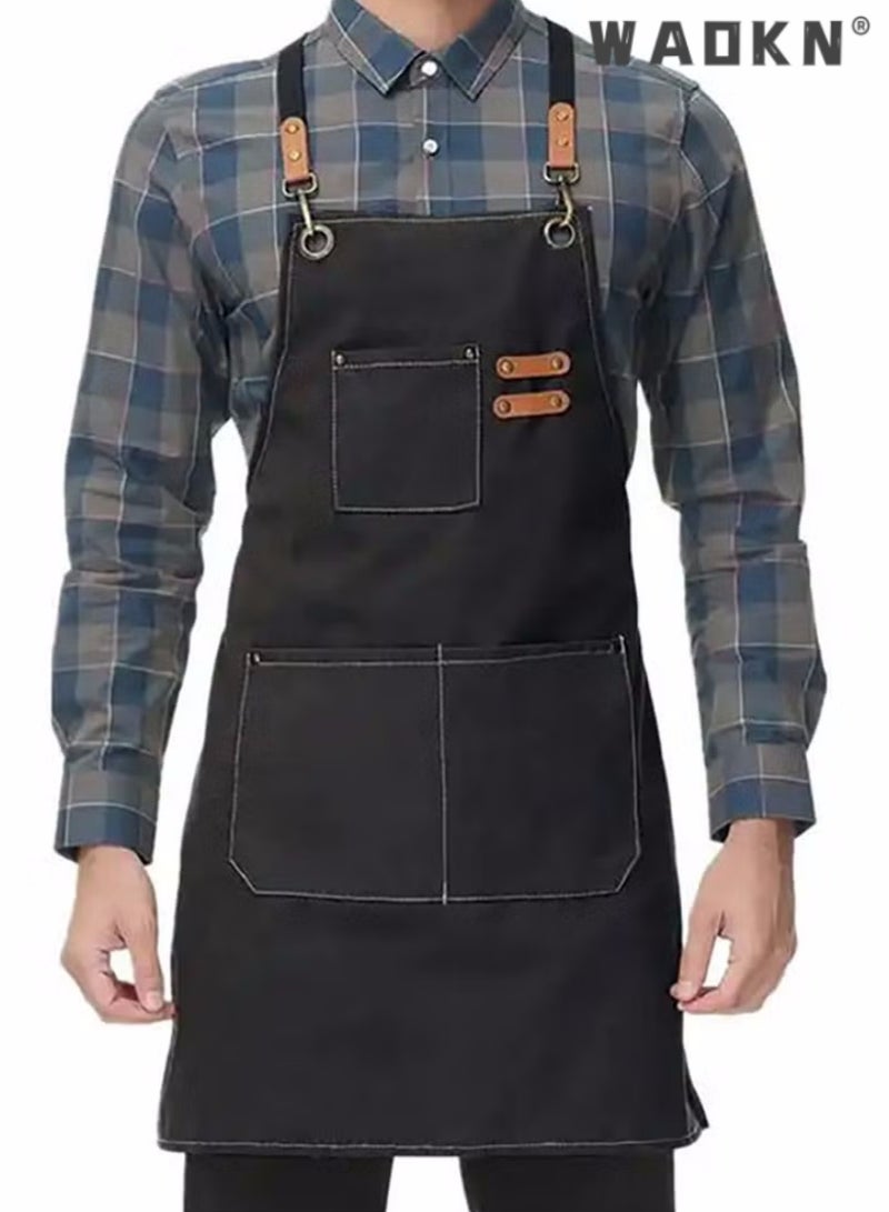 دبليو أيه أو كي أن مآزر الطهاة للرجال والنساء ذات جيوب كبيرة، مئزر من القماش القطني بظهر متقاطع مع أشرطة قابلة للتعديل، مئزر مقاوم للماء للطهي والشواء والرسم والبستاني والطاهي والخباز والنجارين والطهاة - Image 2