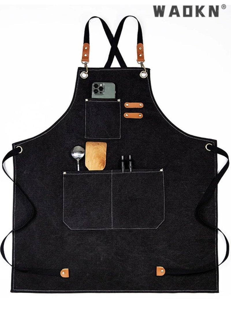 دبليو أيه أو كي أن مآزر الطهاة للرجال والنساء ذات جيوب كبيرة، مئزر من القماش القطني بظهر متقاطع مع أشرطة قابلة للتعديل، مئزر مقاوم للماء للطهي والشواء والرسم والبستاني والطاهي والخباز والنجارين والطهاة - Image 1