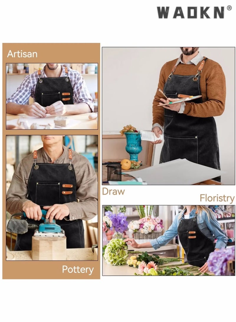 دبليو أيه أو كي أن مآزر الطهاة للرجال والنساء ذات جيوب كبيرة، مئزر من القماش القطني بظهر متقاطع مع أشرطة قابلة للتعديل، مئزر مقاوم للماء للطهي والشواء والرسم والبستاني والطاهي والخباز والنجارين والطهاة - Image 5