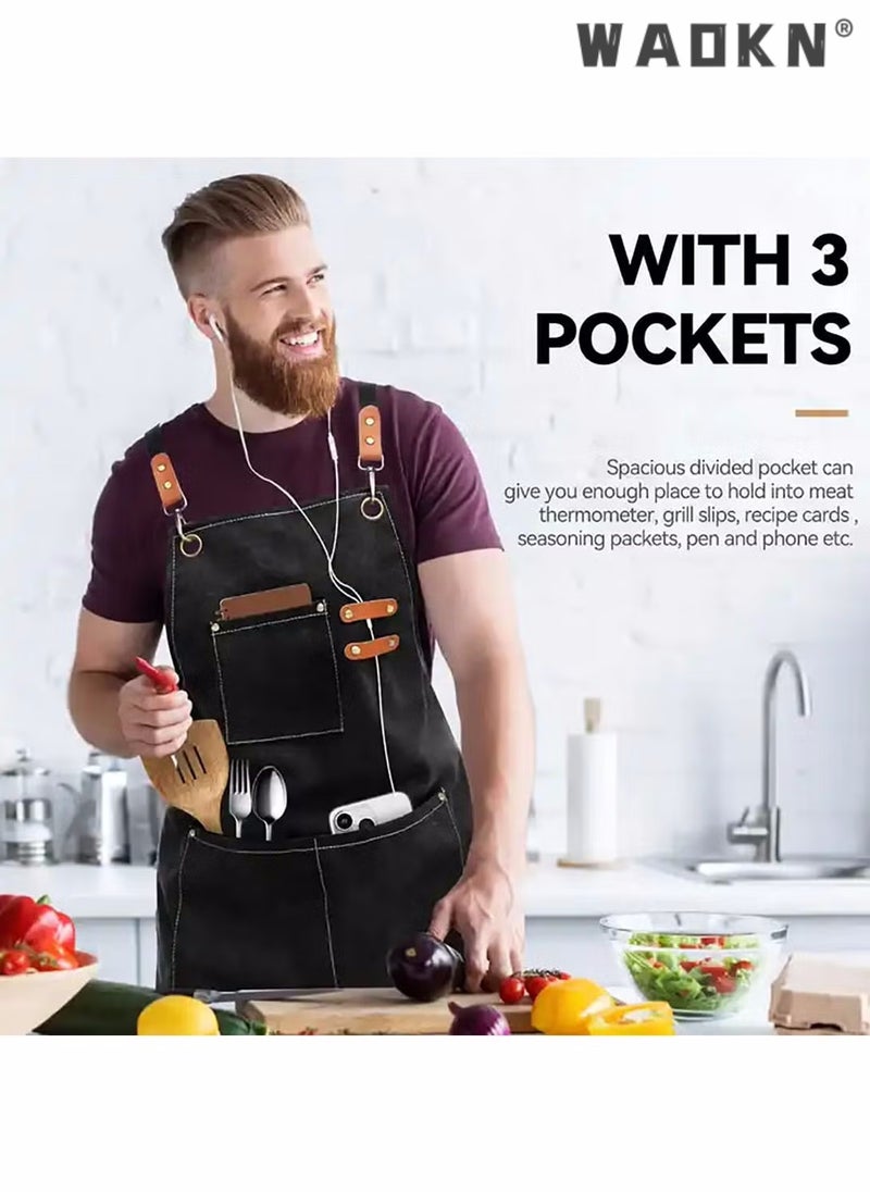 دبليو أيه أو كي أن مآزر الطهاة للرجال والنساء ذات جيوب كبيرة، مئزر من القماش القطني بظهر متقاطع مع أشرطة قابلة للتعديل، مئزر مقاوم للماء للطهي والشواء والرسم والبستاني والطاهي والخباز والنجارين والطهاة - Image 3