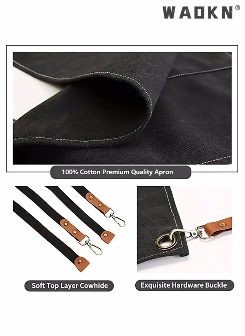 دبليو أيه أو كي أن مآزر الطهاة للرجال والنساء ذات جيوب كبيرة، مئزر من القماش القطني بظهر متقاطع مع أشرطة قابلة للتعديل، مئزر مقاوم للماء للطهي والشواء والرسم والبستاني والطاهي والخباز والنجارين والطهاة - Image 4