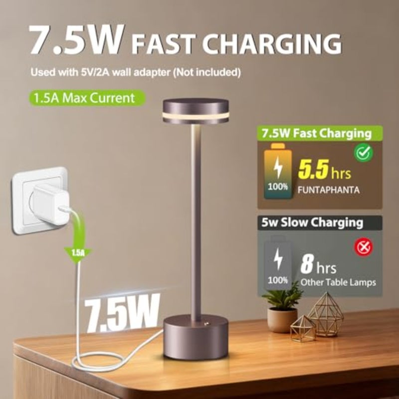 Wireless Rechargeable LED Table Lamp for bedside use, aluminum housing, brown, touch sensor control and USB-C charging - Image 5