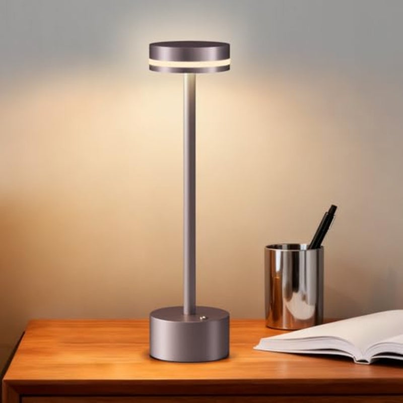 Wireless Rechargeable LED Table Lamp for bedside use, aluminum housing, brown, touch sensor control and USB-C charging - Image 1