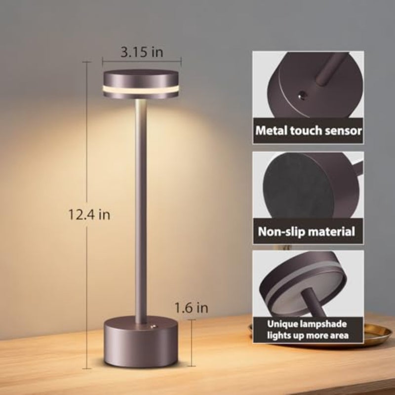 Wireless Rechargeable LED Table Lamp for bedside use, aluminum housing, brown, touch sensor control and USB-C charging - Image 3