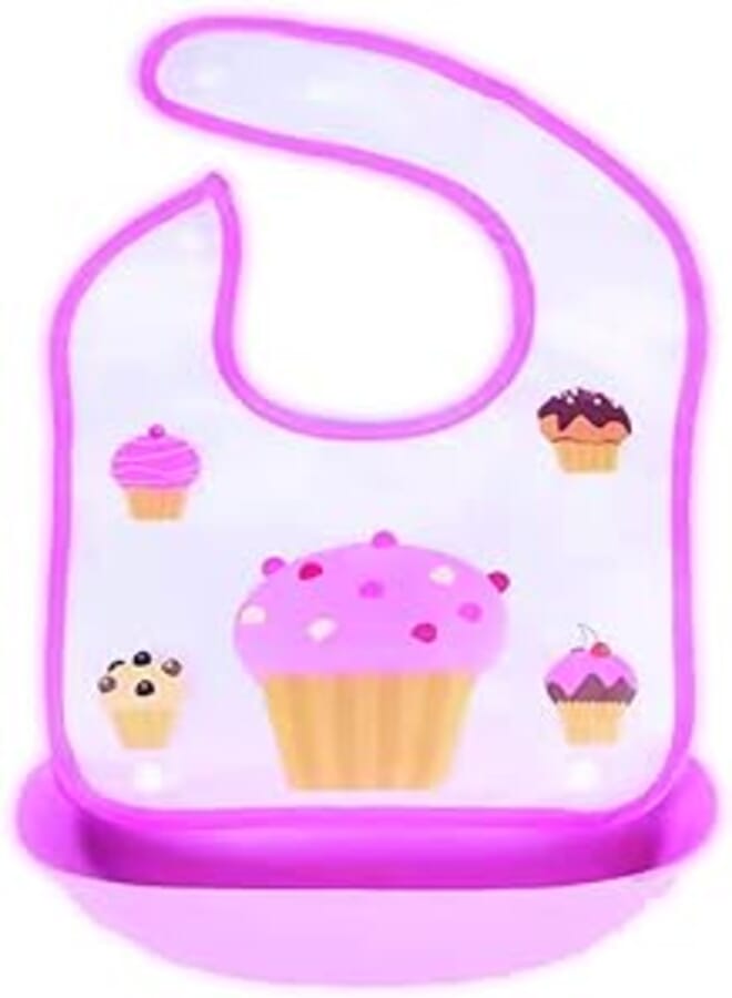 Mix and Max Mix&Max Baby Bib With Silicone Pocket Printed Cup Cake For Girls-Pink