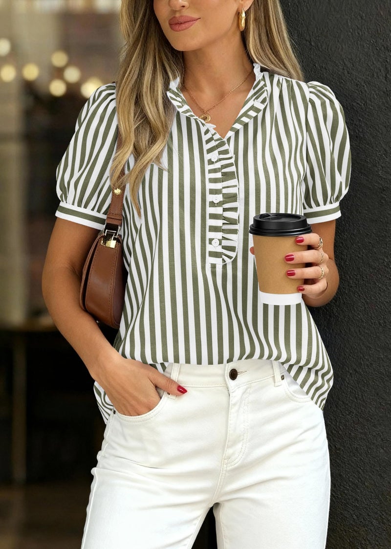MASCOMODA Womens Puff Short Sleeve Summer Tops Striped Plaid Ruffle V Neck Button Down Shirts Business Casual Work Blouses(Striped Army Green,Small) - Image 3