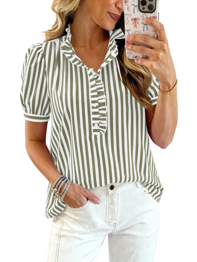 MASCOMODA Womens Puff Short Sleeve Summer Tops Striped Plaid Ruffle V Neck Button Down Shirts Business Casual Work Blouses(Striped Army Green,Small) - Image 1