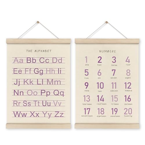 HRQKO Alphabet Numbers Poster Hanger Frame Set of 2 Girls Nursery Wall Decor Boho ABC Poster Wall Art with Wooden Frames Purple Alphabet Banner Wall Hanging Decor for Toddler Playroom 12x16 Inch - Image 1