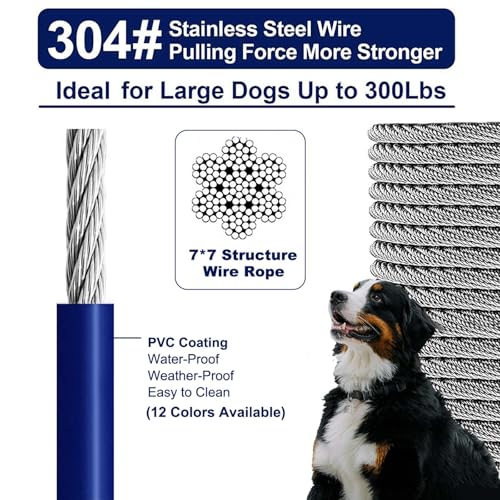 WATFOON Tie Out Cable for Dogs Up to 300lbs,25ft Extra Strong 1000lbs Break Strength Tie-Out Tether Trolley Training Lead,Dog Run Cable for Yard Garden Park Camping Outside (Blue, 300lbs 25ft) - Image 2