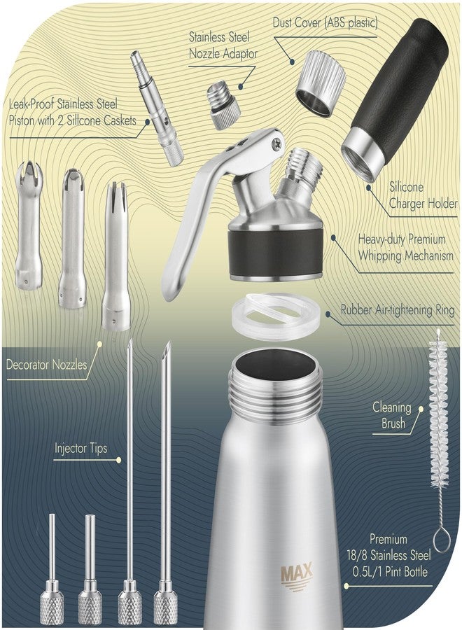 CURTA Professional Whipped Cream Dispenser, Food Grade Stainless Steel Cream Whipper Set with 4 Injector Tips, 3 Decorating Tips and 500ml / 1 Pint Canister, N2O Chargers Not Included … - Image 4