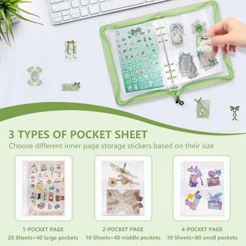 Ruatu Sticker Storage Organizer Binder A5 Sticker Book Collecting Album Reusable Sticker Collection Book with Pocket Zipper Sticker Holder Keeper Book for Adult Collecting Sticker (green) - Image 3