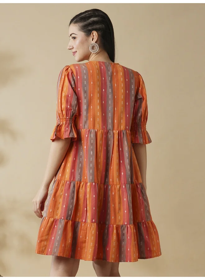 جلو باص Women Floral Embroidered V-Neck Puff Sleeves Knee Length Tiered Fusion A-Line Dress