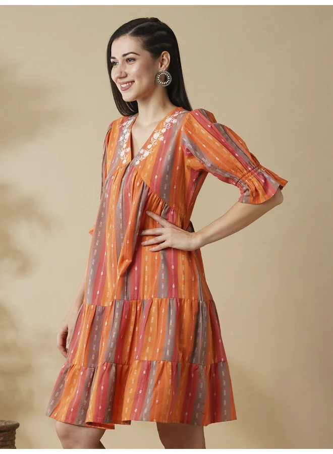 جلو باص Women Floral Embroidered V-Neck Puff Sleeves Knee Length Tiered Fusion A-Line Dress