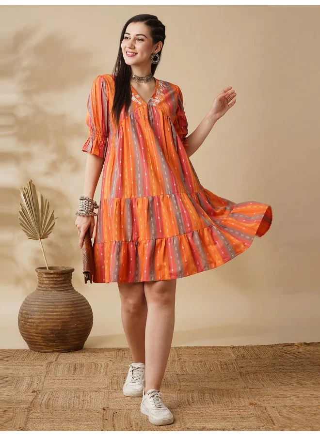 جلو باص Women Floral Embroidered V-Neck Puff Sleeves Knee Length Tiered Fusion A-Line Dress